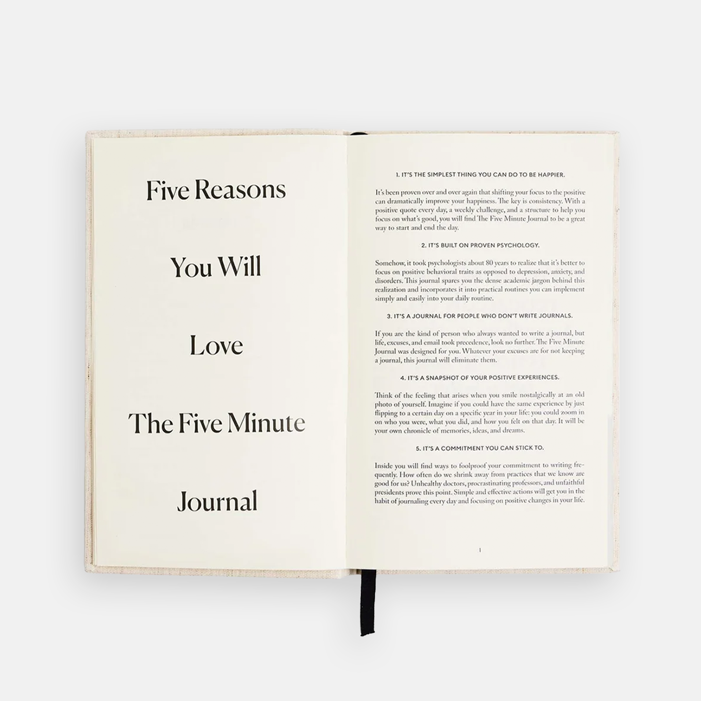 Keskkonnasõbralik valge märkmik The Five Minute Journal. 